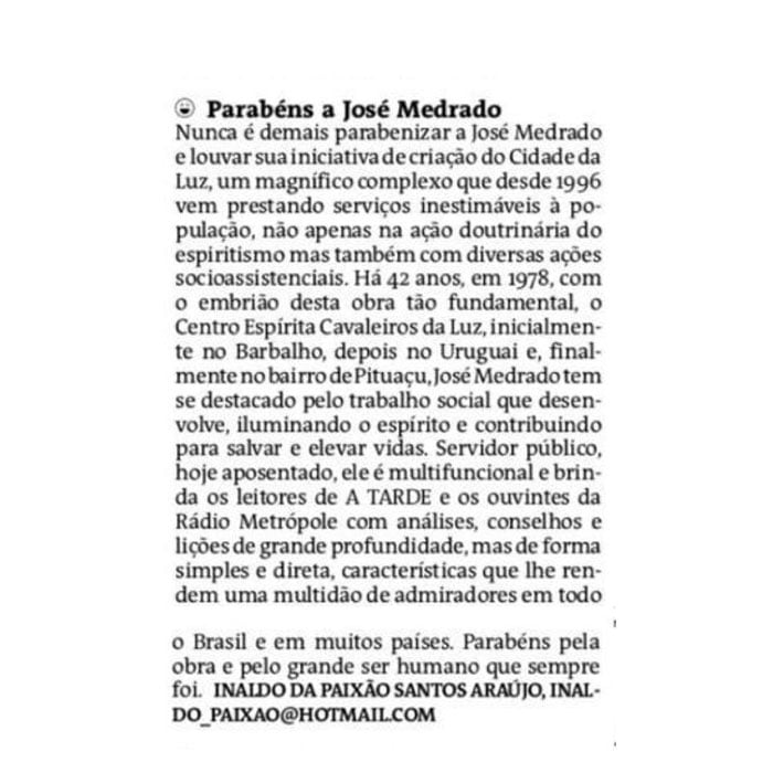 Manifestação do Dr. Inaldo da Paixão, a Medrado, no Jornal A Tarde de 13/2/2020